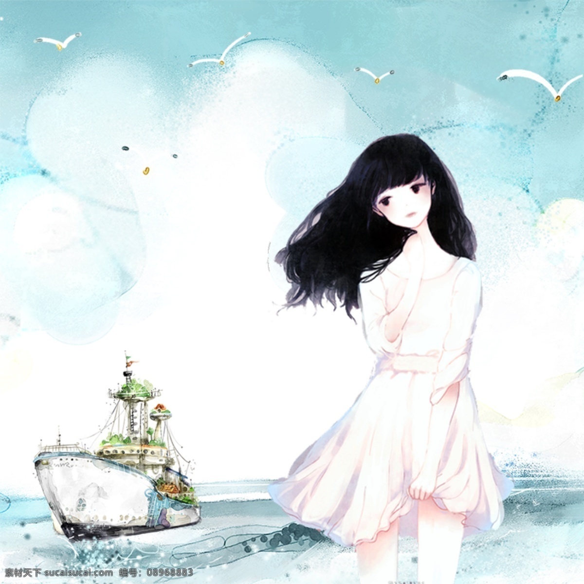 唯美 清新 手绘 漫画 女生 可爱 海鸥 轮船 蓝天 黑发女生 白色