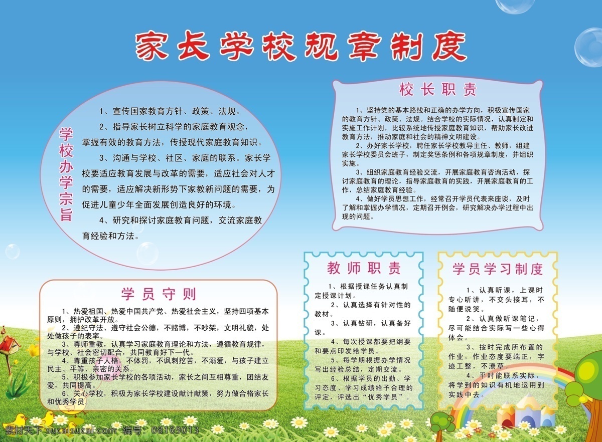 规章制度 家长学校 草地 规章 教师职责 制度 学校办学宗旨 学员守则 校长职责 学员学习制度 psd源文件