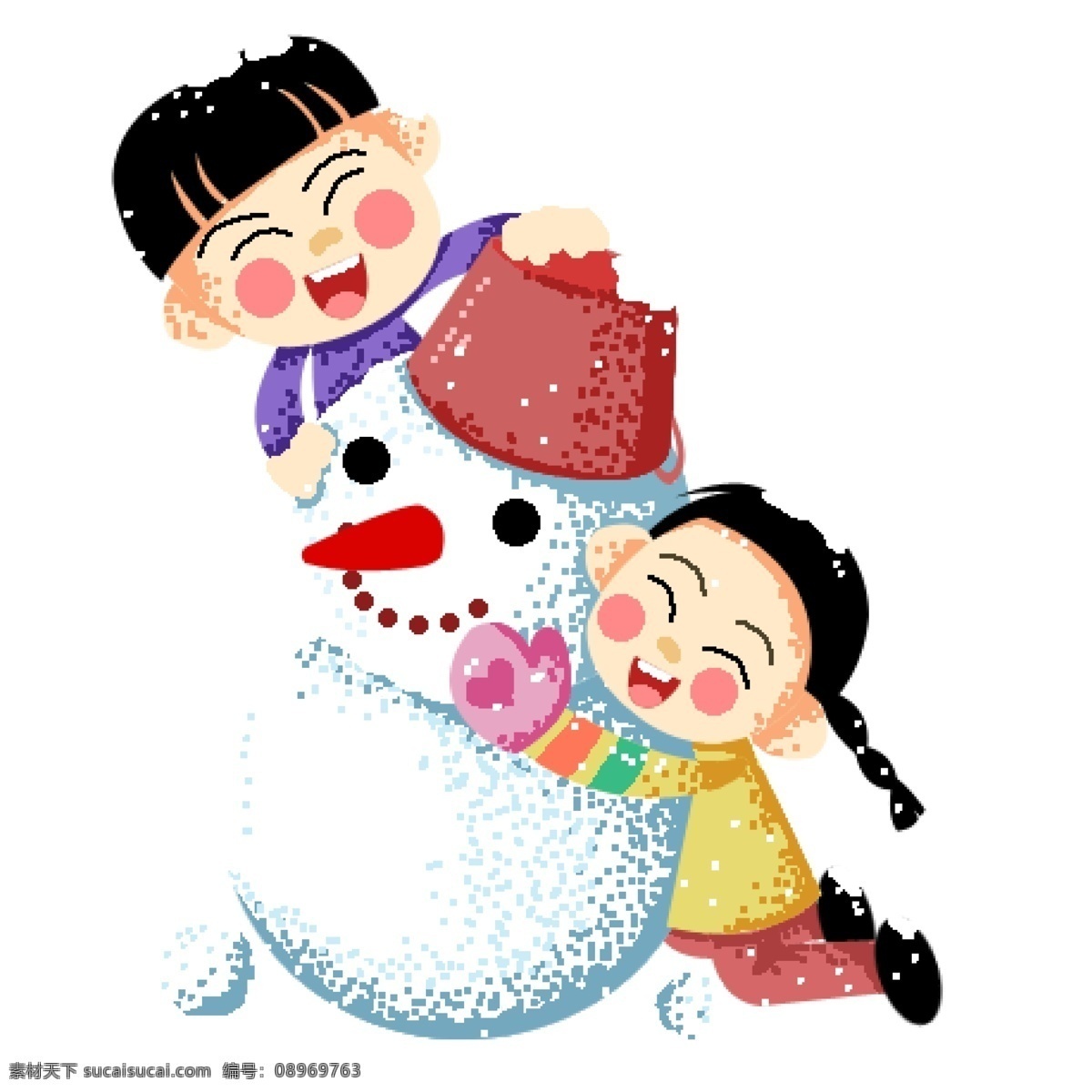 彩绘 一起 堆 雪人 兄妹 卡通 可爱 女孩 插画 冬天 儿童 男孩 堆雪人 大雪