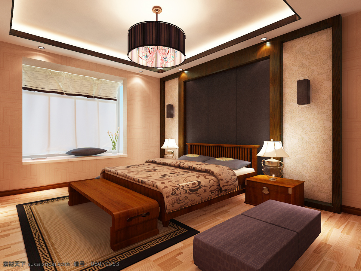 新 中式 风格 卧室 新中式 沙发背景 实木吊顶 家装效果图 室内设计 传统设计 现代设计 家装素材
