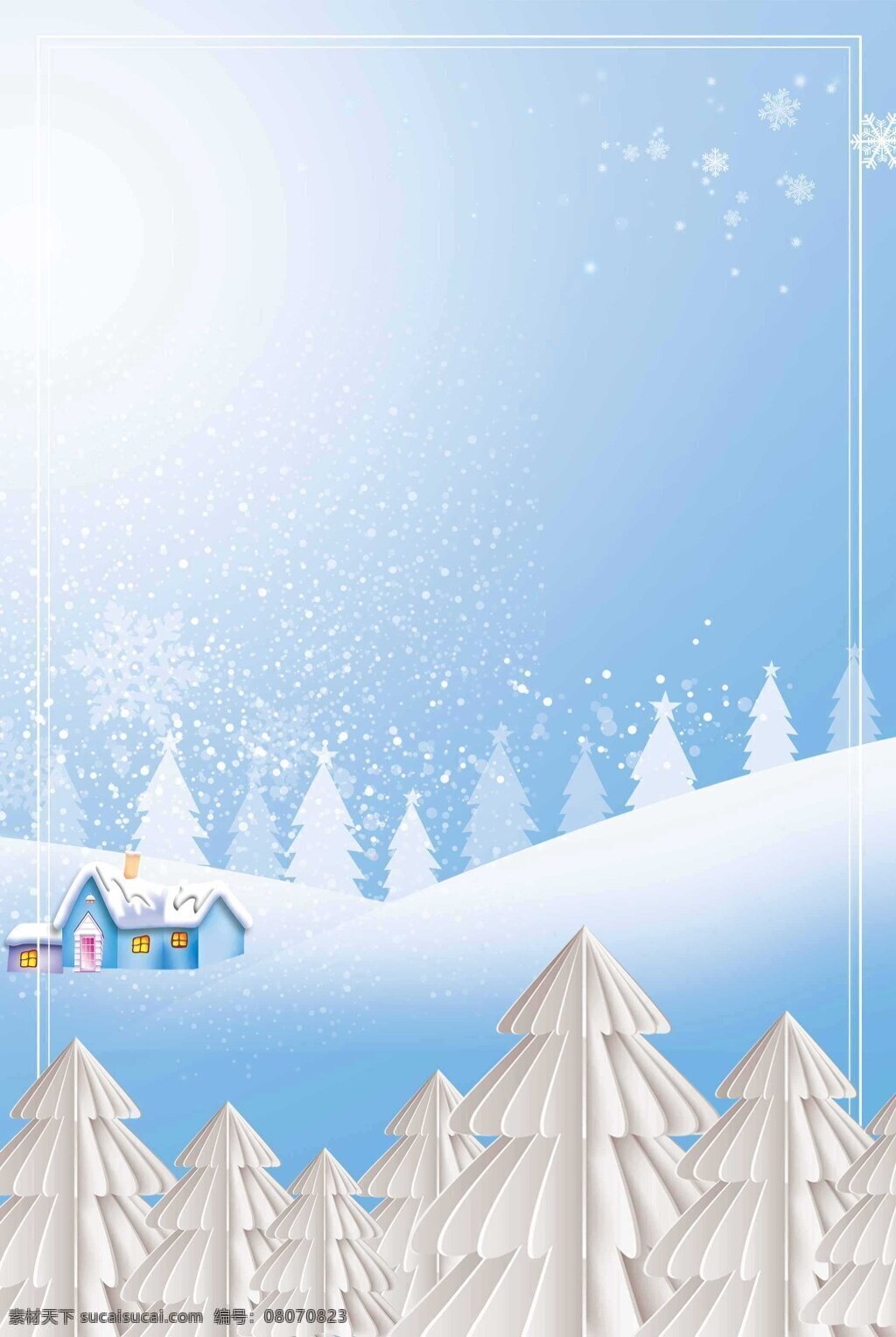 小 清新 雪花 树林 背景 广告 海报 蓝天 木屋 唯美 小清新