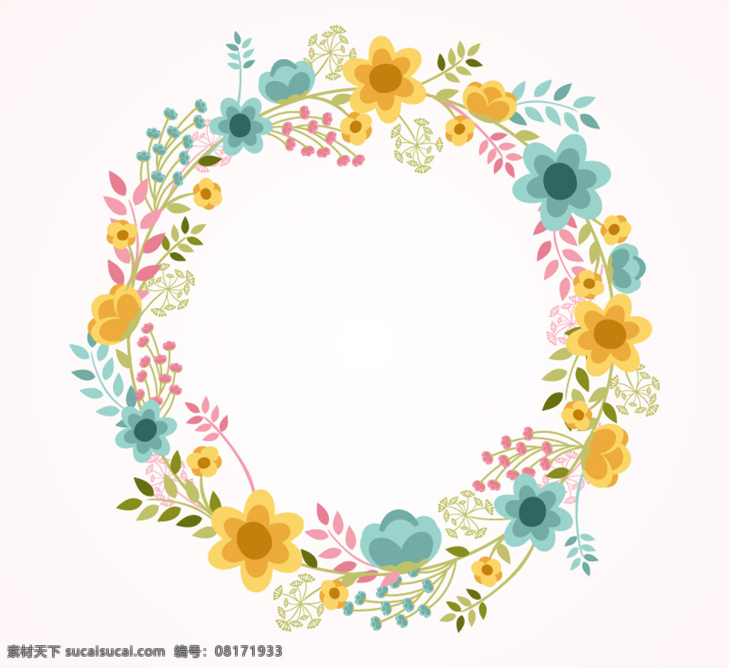 卡通 圆形 花环 矢量 圆形花环 矢量素材 花瓣 草 彩色 少女分 田园风 小清新 白色