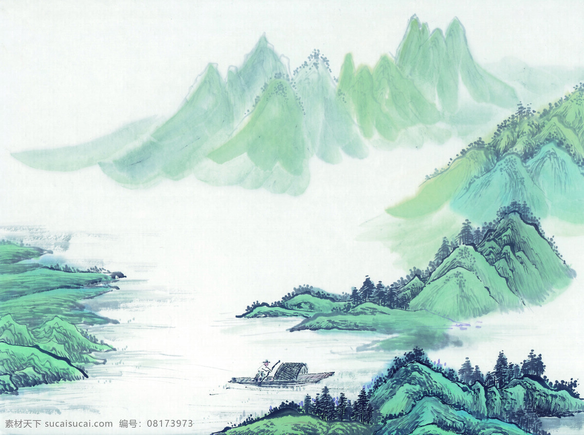 中国 国画 篇 山水 水墨 丹青 群山 乌篷船 河流 文化艺术 绘画书法