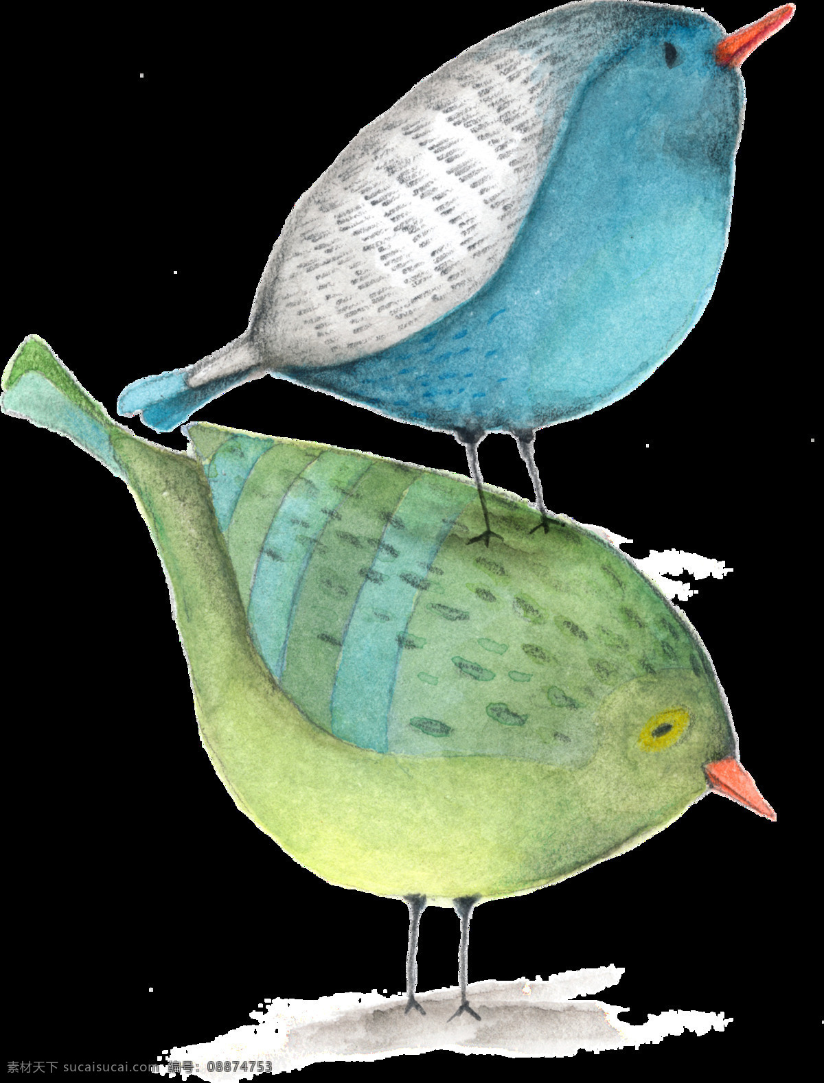 手绘 两 只 小鸟 玩 透明 蓝色小鸟 绿色小鸟 站立 嘴巴 透明素材 免扣素材