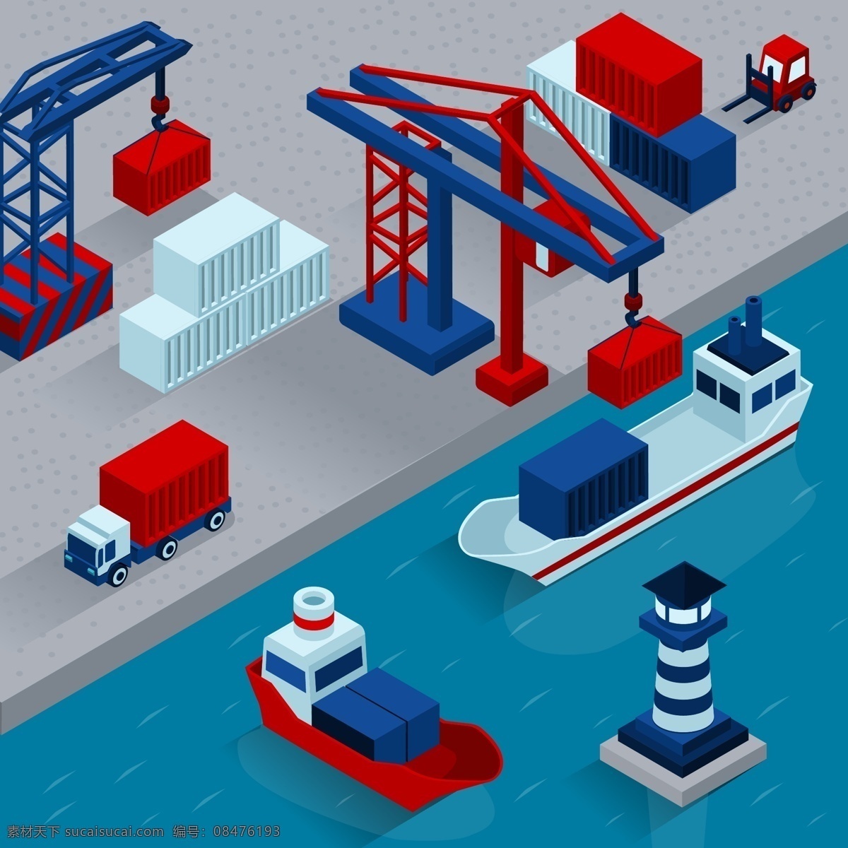 趣味 扁平 物流 码头 插画 灯塔 货船 货运