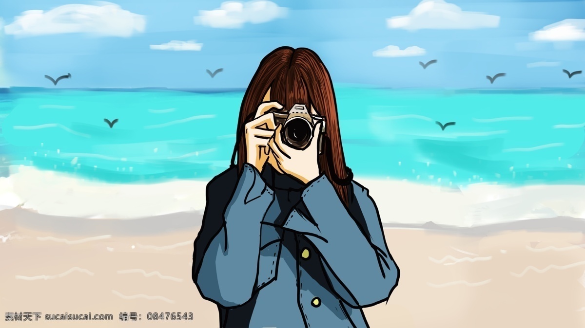 夏天 阳光 沙滩 海边 拍照 女孩 插画 海报 夏天背景 蓝色调 配图 女孩插画