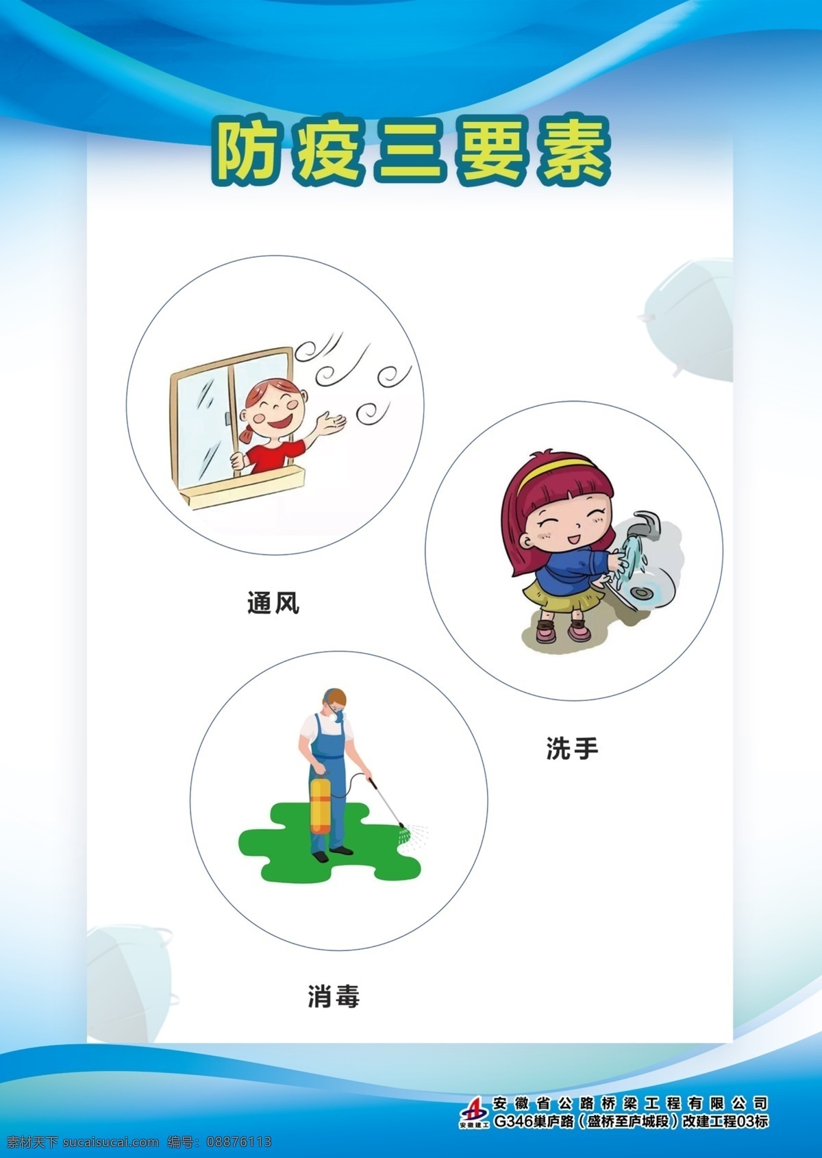 防疫三要素 防疫挂图 病毒挂图 卡通人物 通风 洗手 消毒 蓝色背景 制度背景 冠状病毒 抗疫 国内广告设计