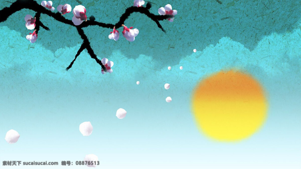 手绘 蓝天 太阳 花朵 背景 渐变 水墨 花瓣 飘落