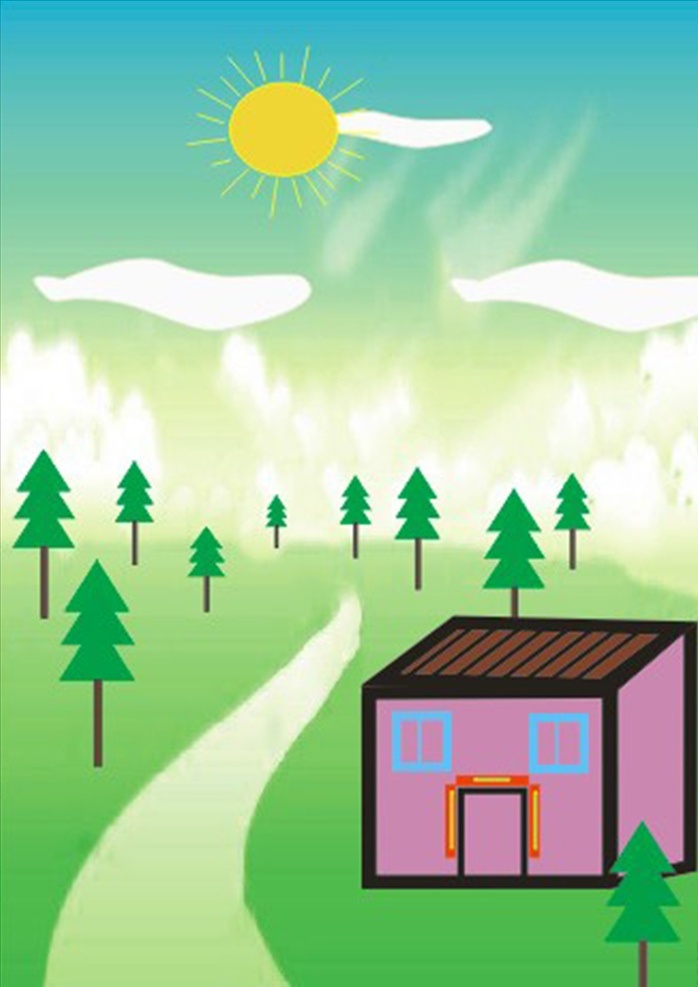 炎炎夏日 粉红色 夏日 小屋 太阳 云朵 卡通设计