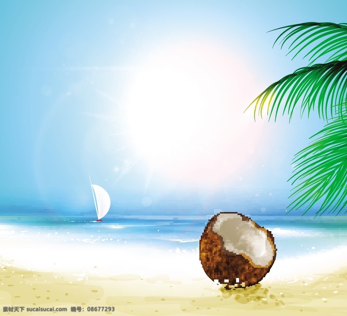 夏日 沙滩 海洋 风景 海滩 椰汁 帆船 椰子树 太阳 阳光 蓝天 夏季 夏天 风光 时尚 梦幻 背景 底纹 矢量 底纹背景 底纹边框