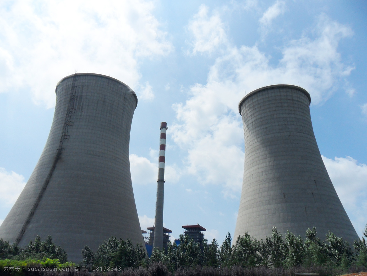 双塔 电厂 冷却塔 蓝天 白云 绿树 烟筒 建筑景观 自然景观