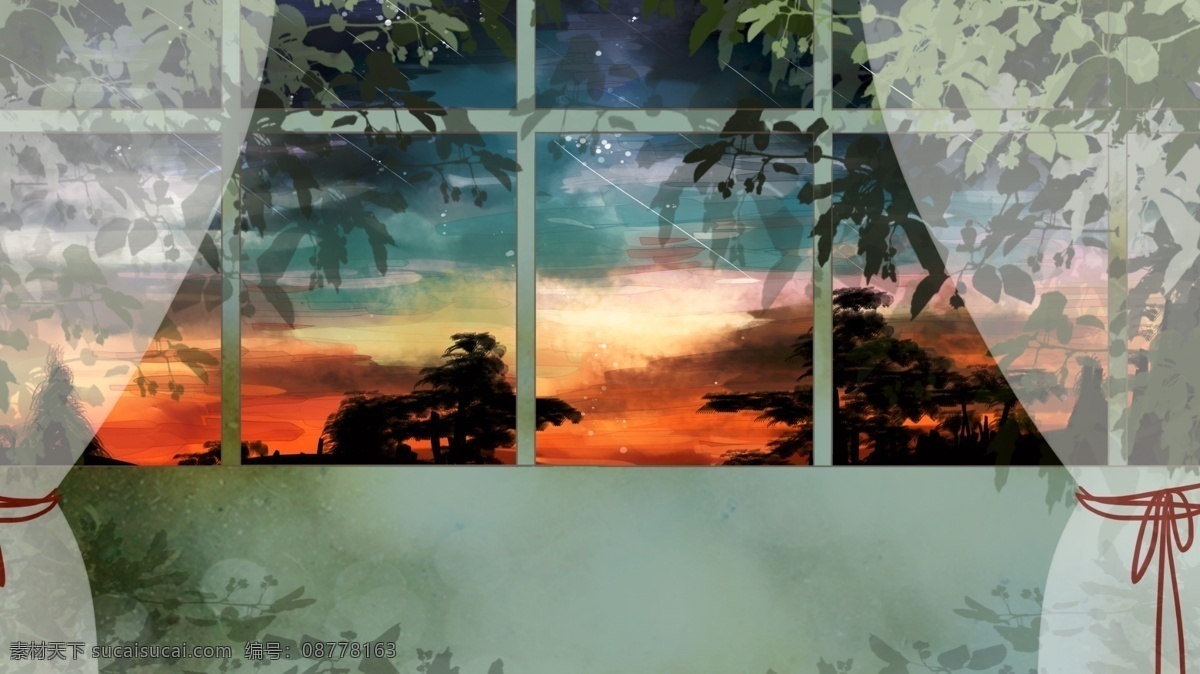 白色 纱帘 窗户 外 夕阳 风景 卡通