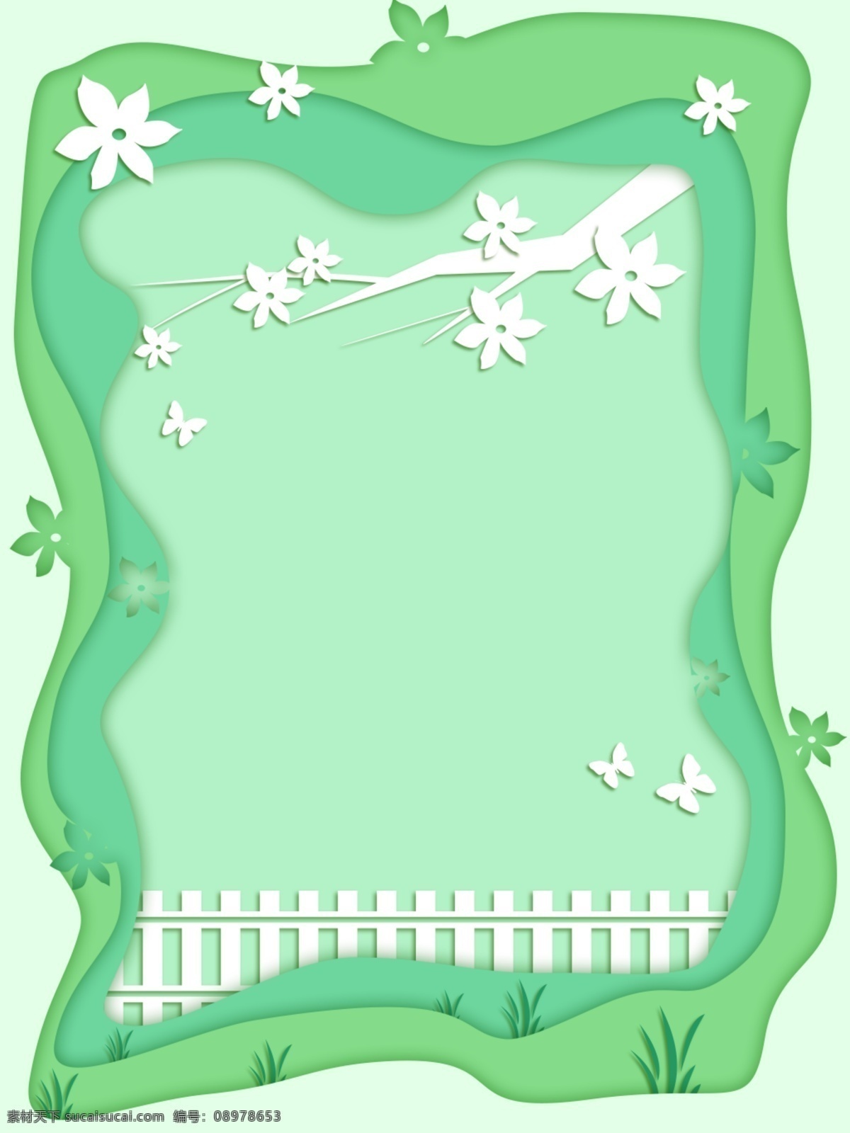 绿色 清新 淡雅 剪纸 风 春季 篱笆 百花 盛开 背景 绿色背景 蝴蝶嬉戏 花 剪纸风 小草 原创 春天景色