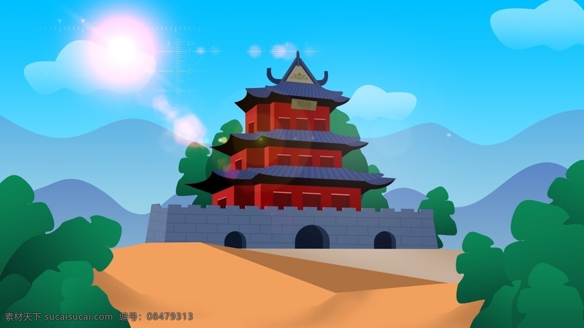 手绘 可爱 寺庙 背景 蓝天 旅游 背景素材 卡通背景 寺庙背景 树木 十一国庆节 插画背景 国庆节背景 广告背景 psd背景 背景展板 手绘背景