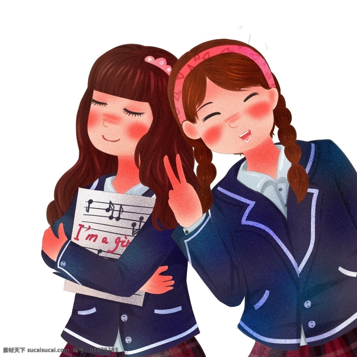 卡通 手绘 两个 女 学生 人物 插画 彩色 可爱 闺蜜 女孩 女生