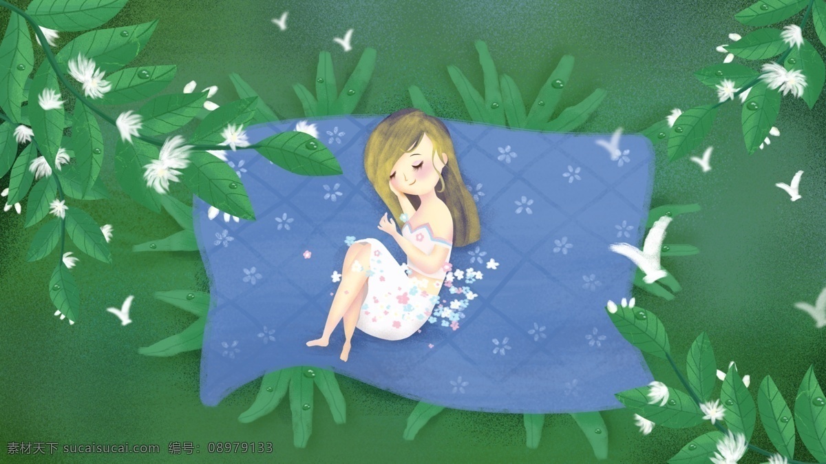 原创 手绘 插画 气节 白露 草地 女孩 露珠 水珠 地毯 手绘插画 节气 露水 鸿雁 大雁