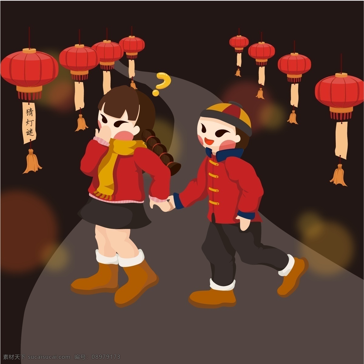 年画 娃娃 元宵节 猜 灯谜 矢量 场景 插画 灯笼 牵手 男孩 女孩 喜庆 年画娃娃 灯会 猜灯谜 猜灯谜场景 灯展 疑问 矢量插画 传统习俗 元宵节传统 节日传统