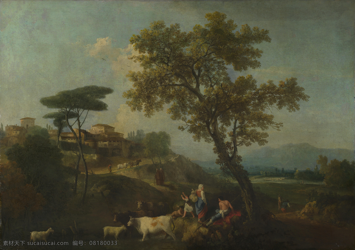 figures 大师 画家 古典 画 建筑 景物 装饰画 油画 cattle with landscape zuccarelli francesco 人物 高清 西方 国外 现代 家居装饰素材