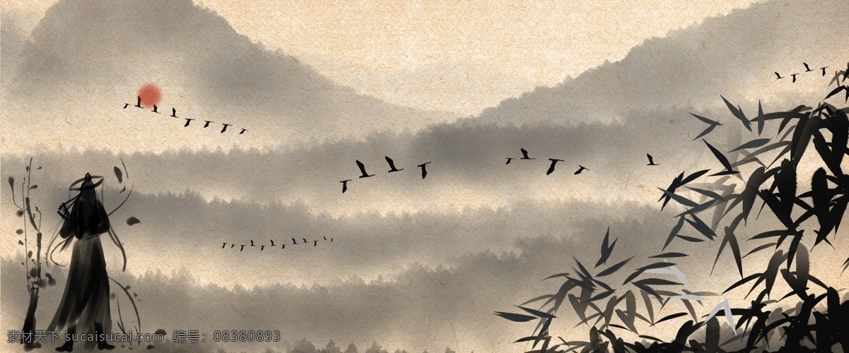 复古 风 黄色 海报 banner 复古风 黄色背景 文艺 psd源文件 淘宝 天猫 海报背景 山水 竹子
