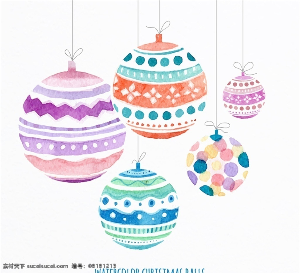 水彩 圣诞球 贺卡 矢量 水玉点 圣诞节 曲线 merry christmas 矢量图