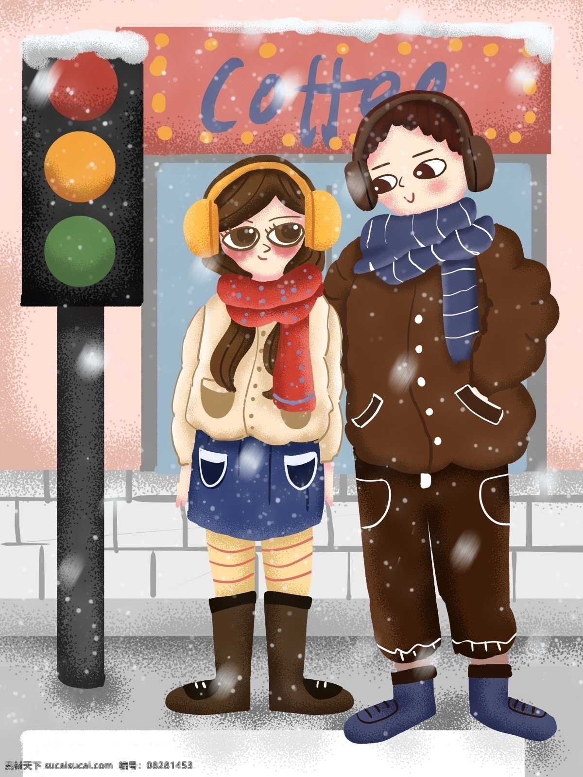 冬日 私语 情侣 下雪天 路边 红绿灯 下雪 马路 插画 手绘