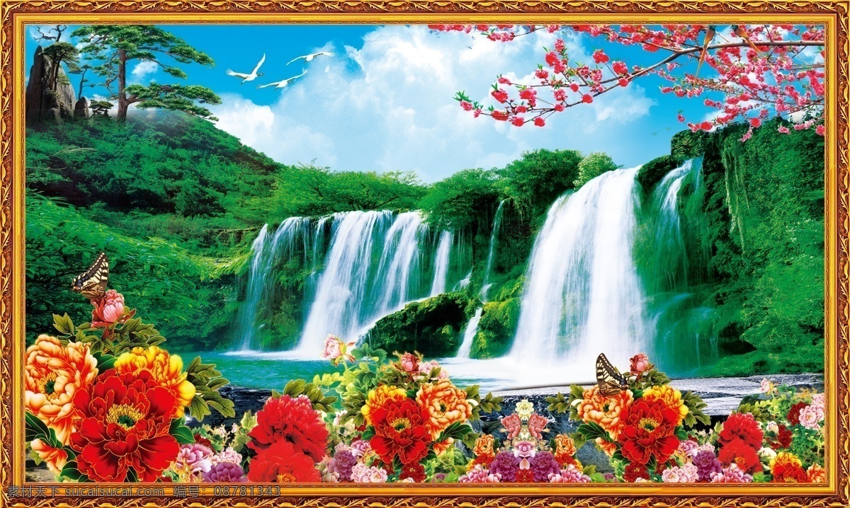 白云 壁画 匾 飞鸟 风景 古典边框 广告设计模板 国内广告设计 中堂画 山水 迎客松 瀑布 山水画 桃花 牡丹 蝴蝶 绿树 湖泊 源文件 家居装饰素材 山水风景画