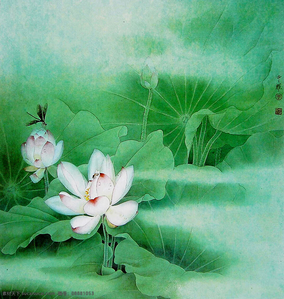 荷花图 中国画 工笔重彩画 彩墨画 花鸟画 白荷花 荷林 荷叶 清香 洁白 出泥不染 蜻蜓 蜜蜂 书法 印章 国画艺术 国画集20 绘画书法 文化艺术