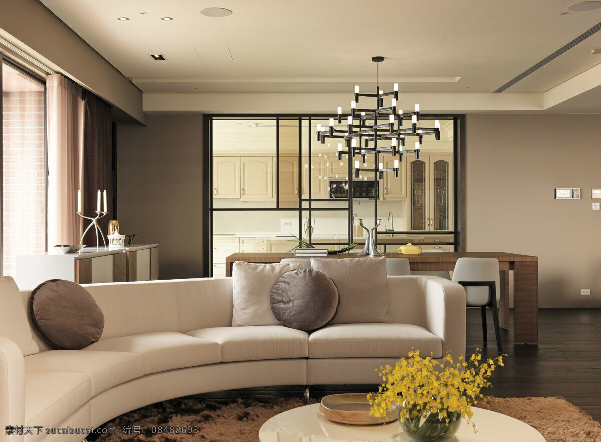 现代 清新 客厅 半 弧形 沙发 室内装修 效果图 木地板 客厅装修 浅色沙发 多层吊灯