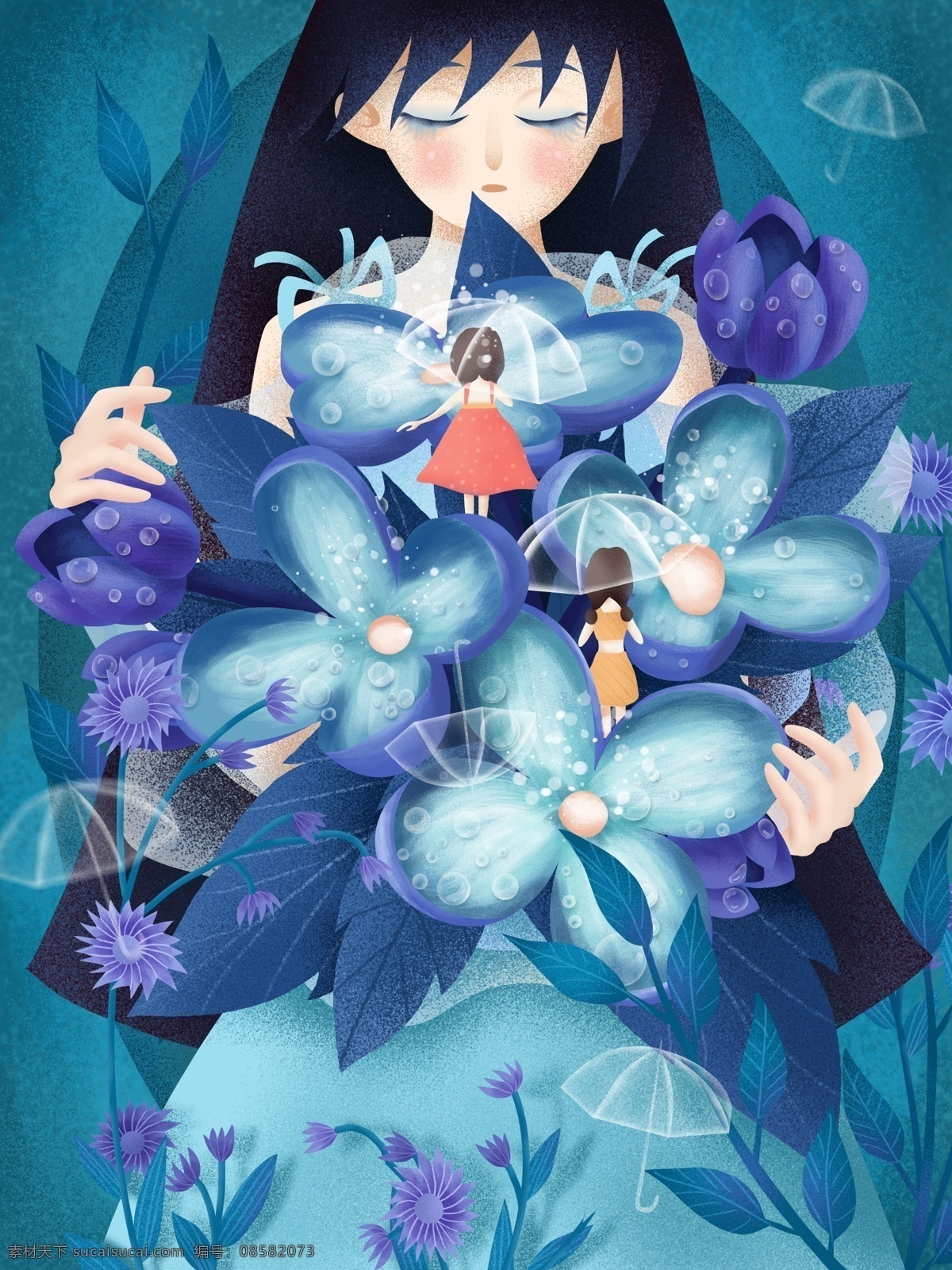原创 手绘 插画 蓝色 花束 女孩 花朵 植物 唯美 花 手绘插画