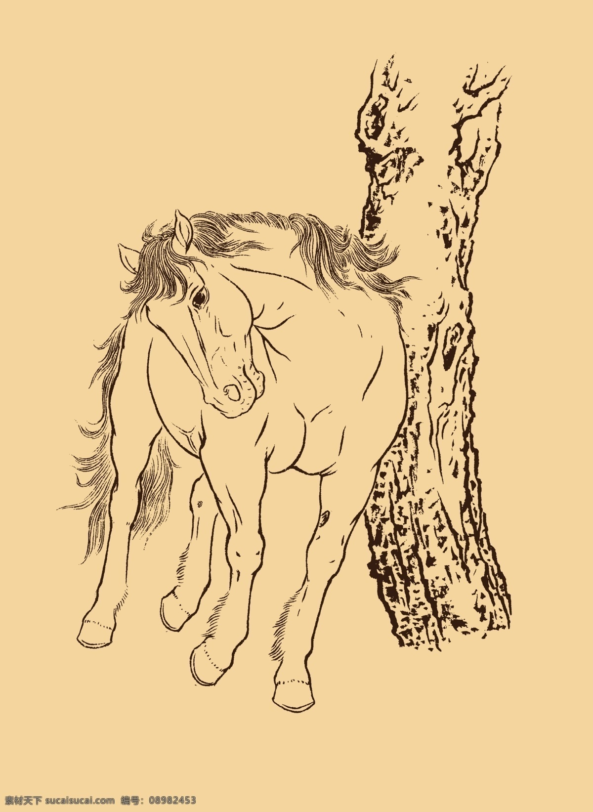 蹭 痒 马 白描 奔马 国画 骏马 树干 中国画 蹭痒马白描 蹭痒 倚靠 皴 psd源文件