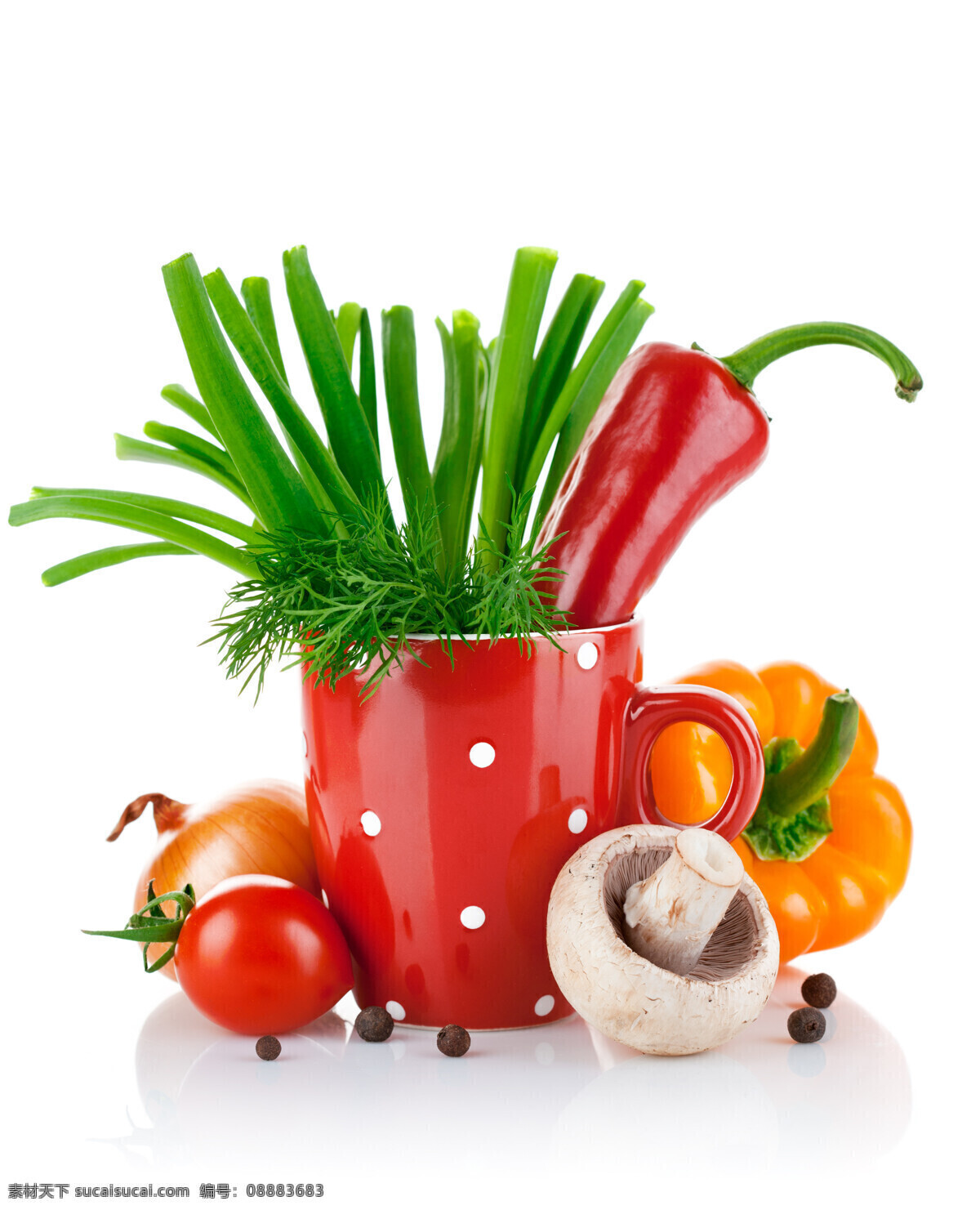 高清蔬菜摄影 香菇 辣椒 青菜 西红柿 蔬菜 蔬菜素材 蔬菜背景 杯子 水果蔬菜 餐饮美食 白色