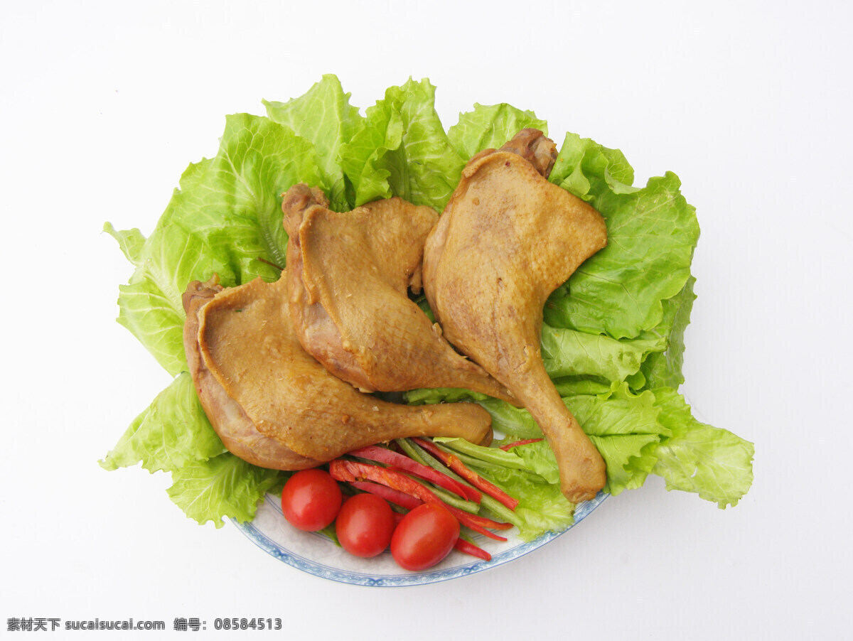 五香鸡腿 生菜 青椒丝 红椒丝 圣女果 盘子 红萝卜 传统美食 餐饮美食