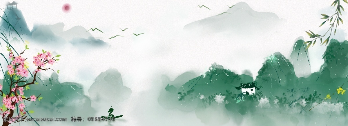 中国 风 风景 banner 图 中国风 桃花 山水 建筑 鸟 太阳 枝条 船 唯美