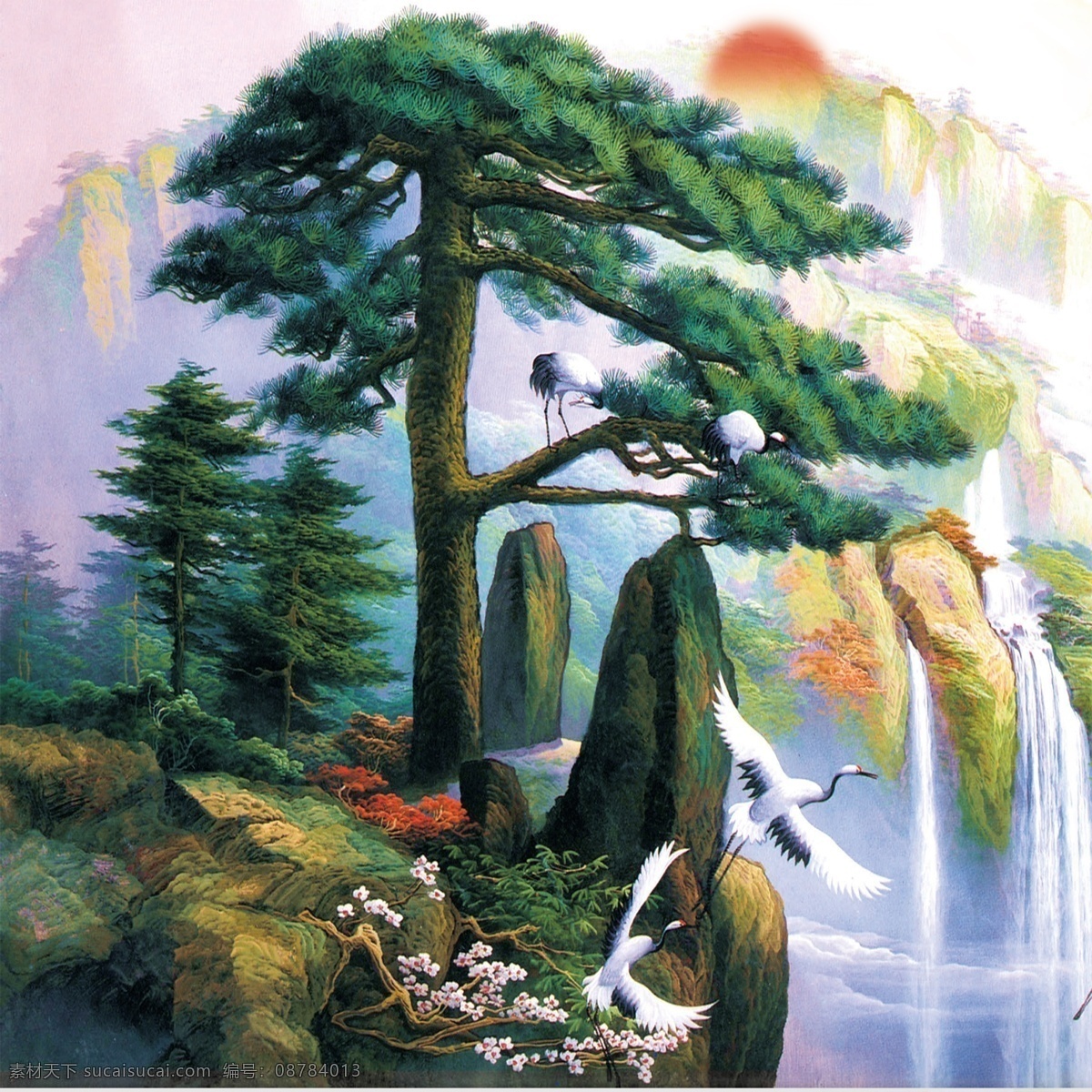 迎客松素材 仙鹤 山水背景 中式 仿古 绿色素材 分层 风景