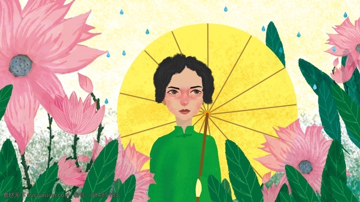 原创 手绘 荷塘 雨景 插画 怪味 少女 植物 花卉 雨伞 手绘植物 原创插画 清新插画 手绘女孩 手绘伞 手绘荷花 雨滴 画册插画 手机插画 微信配图 微信插画配图