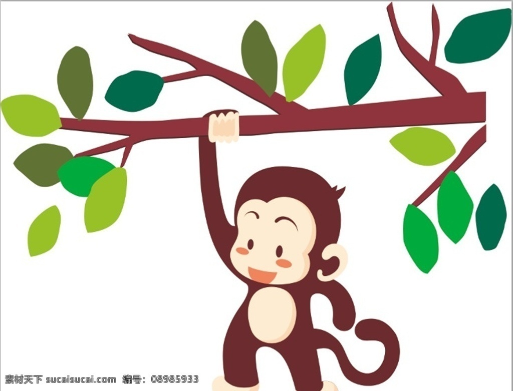 卡通小猴子 小猴子 卡通 矢量 树枝 叶子 绿叶 可爱 卡通动物 动物 矢量动物 分层 卡通设计