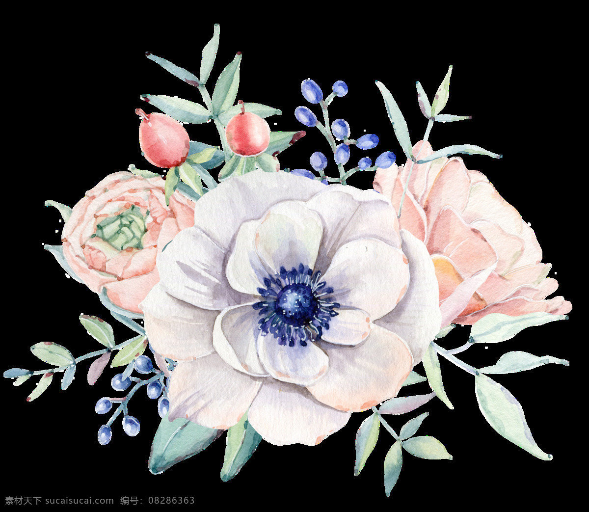 手绘 盛开 花朵 礼品 卡片 透明 装饰 图案 礼品卡 鲜花 娇嫩 清新脱俗 树叶 装饰图片 免扣素材