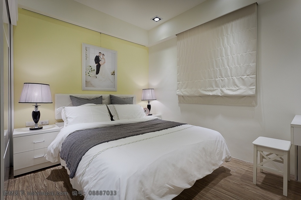 简约 卧室 壁画 装修 效果图 白色床头柜 白色射灯 窗户 方形吊顶 灰色地板砖