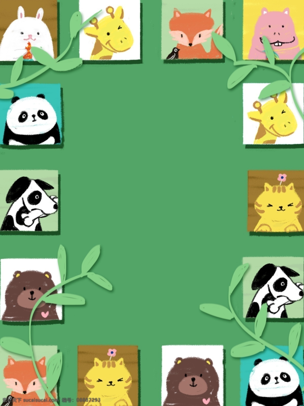 原创 插画 小 动物 小清 新卡 通 可爱 绿色植物 绿色 卡通背景 幼儿园 小清新背景 童趣 儿童 少儿 萌 萌系背景 熊猫 兔子 长颈鹿 狐狸 河马 猫 熊 鳄鱼 扁平风 百搭 学校 宣传 推广
