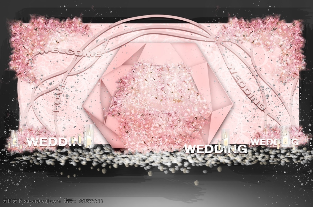 粉色 婚礼 合影 区 效果图 线条 菱形 花瓣 蕾丝 折纸 蜡烛 粉色花艺 婚礼效果图 婚礼合影区 花墙