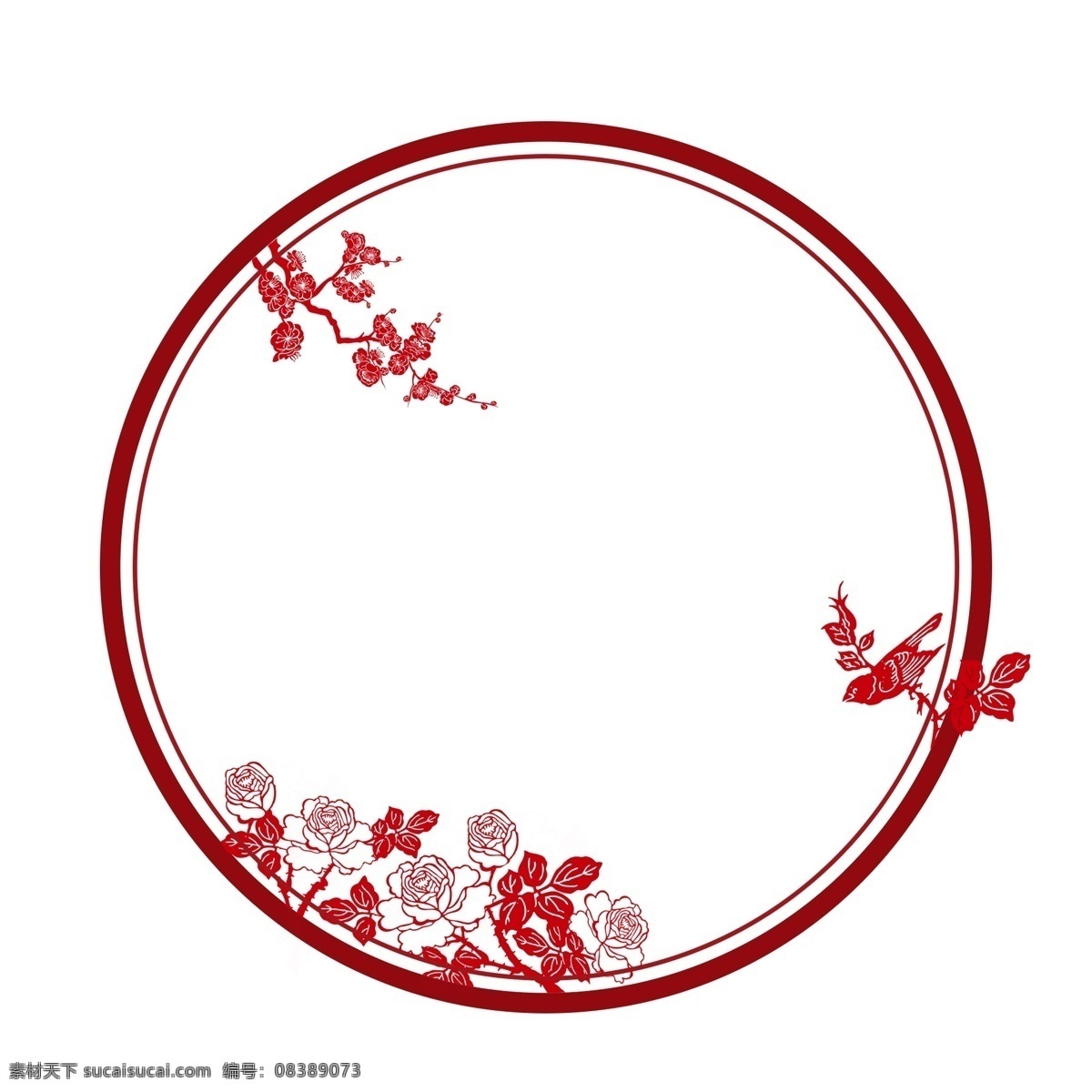 红色 圆形 剪纸 牡丹 中国 风 边框 中国风 梅花
