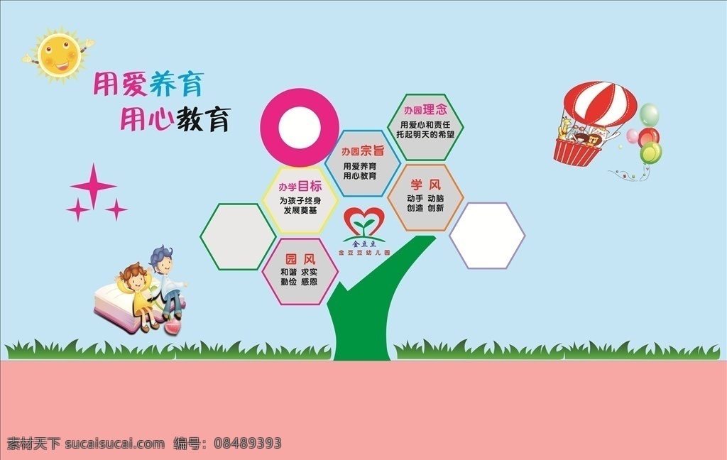 用心养育 用爱教育 幼儿园 树 墙上字 卡通人物 画面 墙 可爱