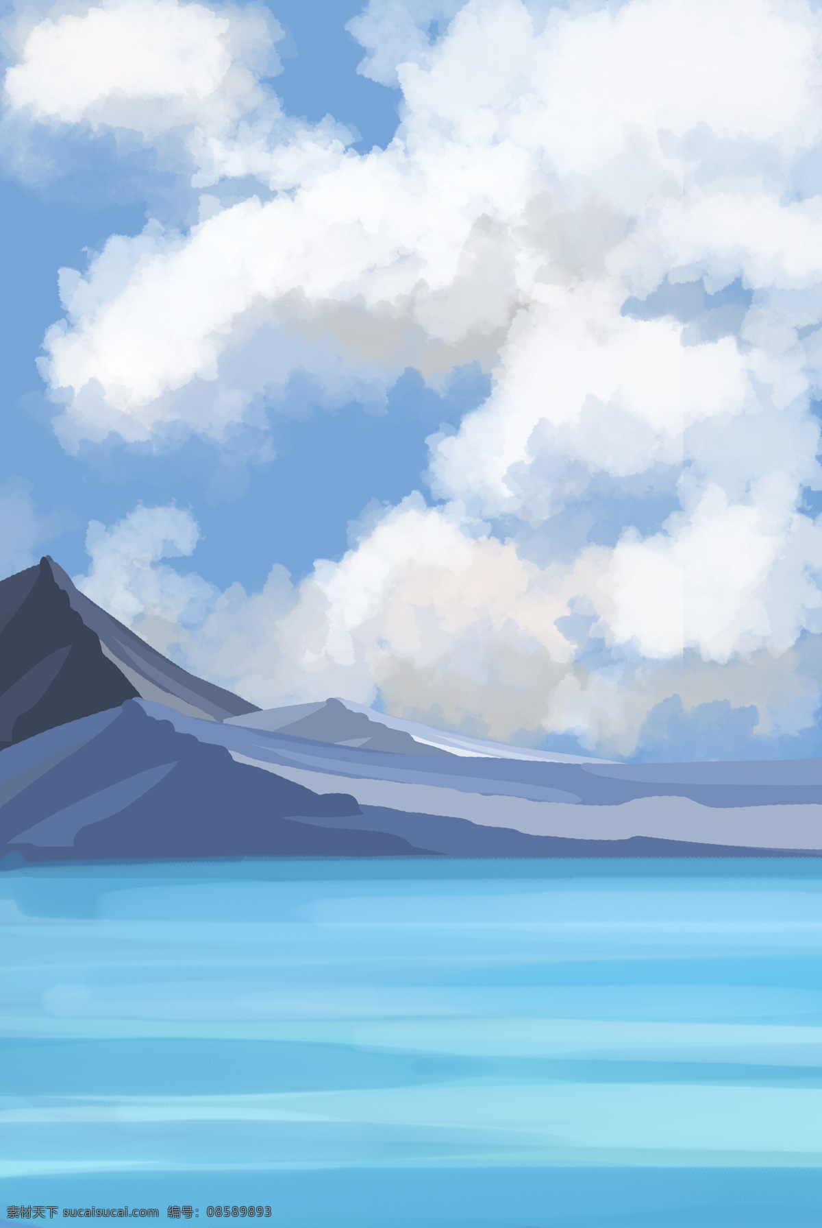 手绘 山峰 海报 背景 简约 山脉 山坡 河水 蓝天 天空 白云