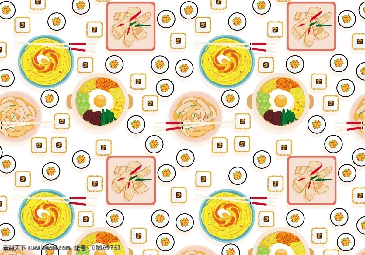 高档 手绘 韩国 食品 背景 食物 美食 手绘食物 矢量素材 美食插画 扁平化食物 手绘美食 韩式美食 食物插画 韩国食品 面条 石锅饭 寿司 拉面