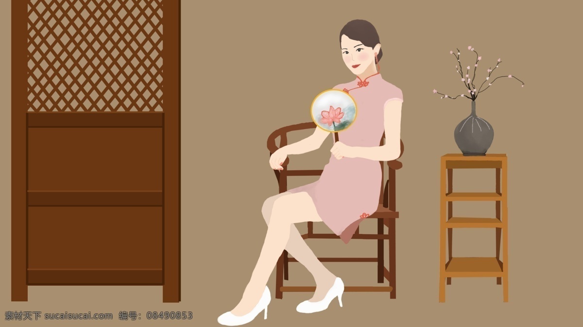民国 风 穿 旗袍 扇子 女人 民国风 美女