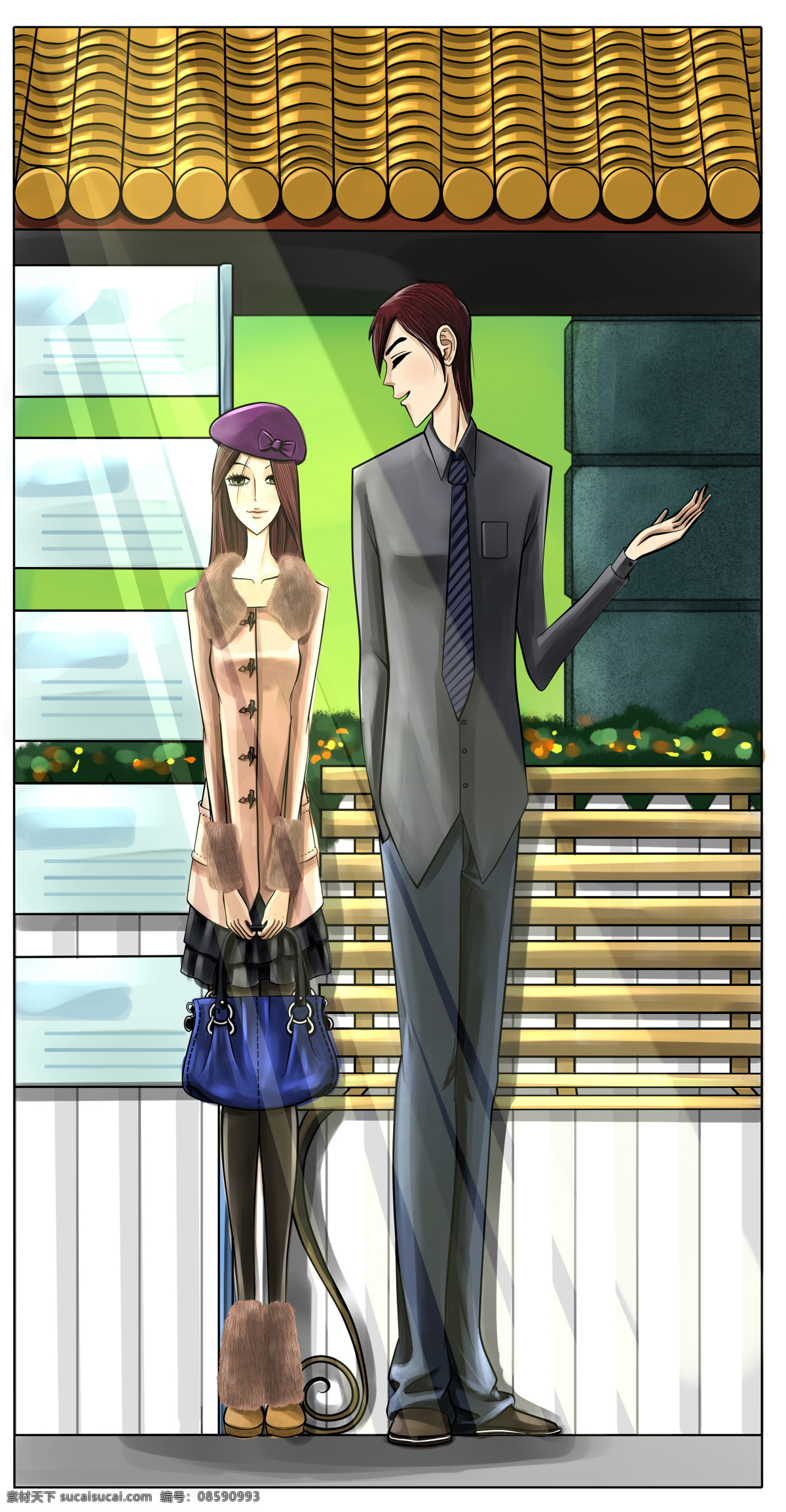 公交 车站 爱情 插画 绘画书法 女孩 情感 少男 少女 文化艺术 公交车站 站台 等候 插画集