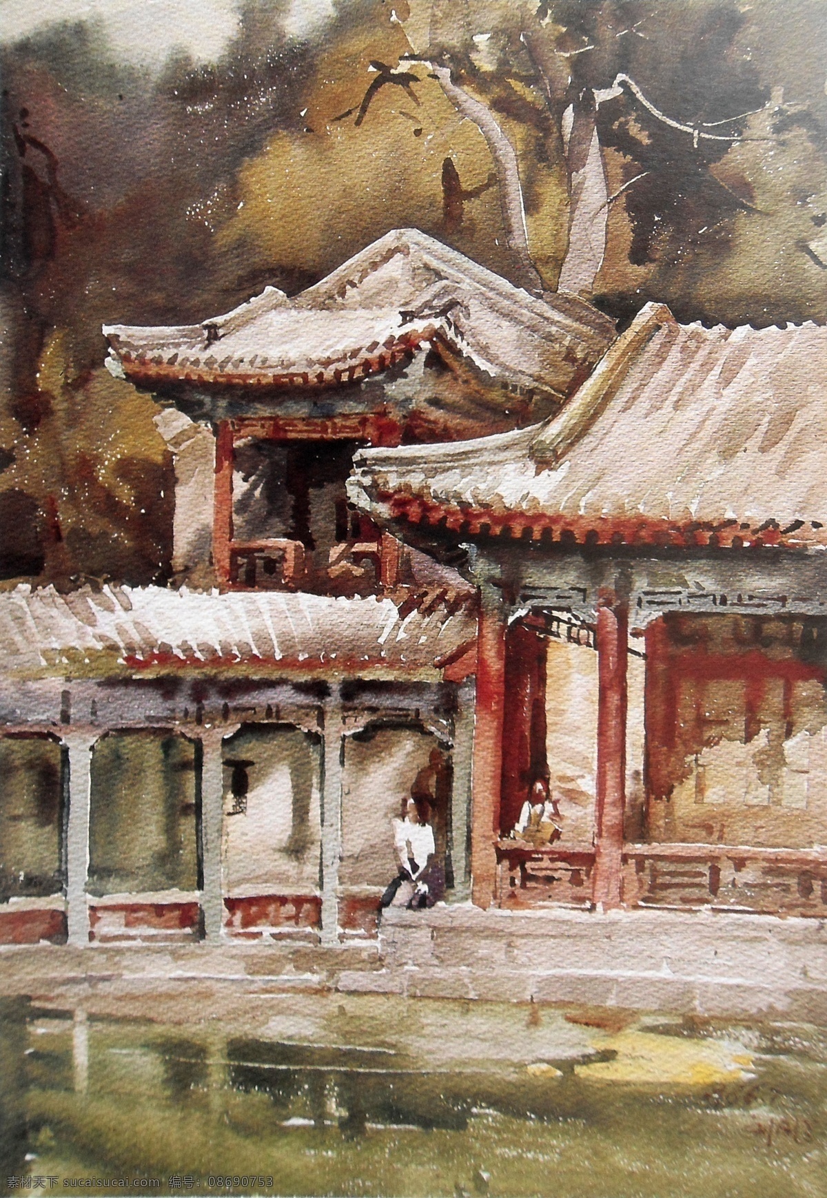 长廊 风景 湖面 绘画书法 水彩 水彩风景画 水彩画 设计素材 模板下载 亭子 刘 凤兰 文化艺术 家居装饰素材 山水风景画