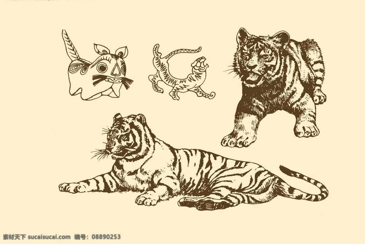 动物图案 虎 卡通 动物 纹样 图案 白描 简笔画 儿童画 老虎 虎年 百兽之王 分层 源文件