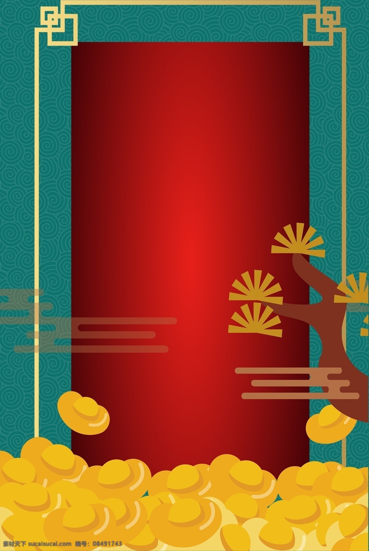简约 新年 边框 合成 背景 中式 元宝 喜庆 复古 创意
