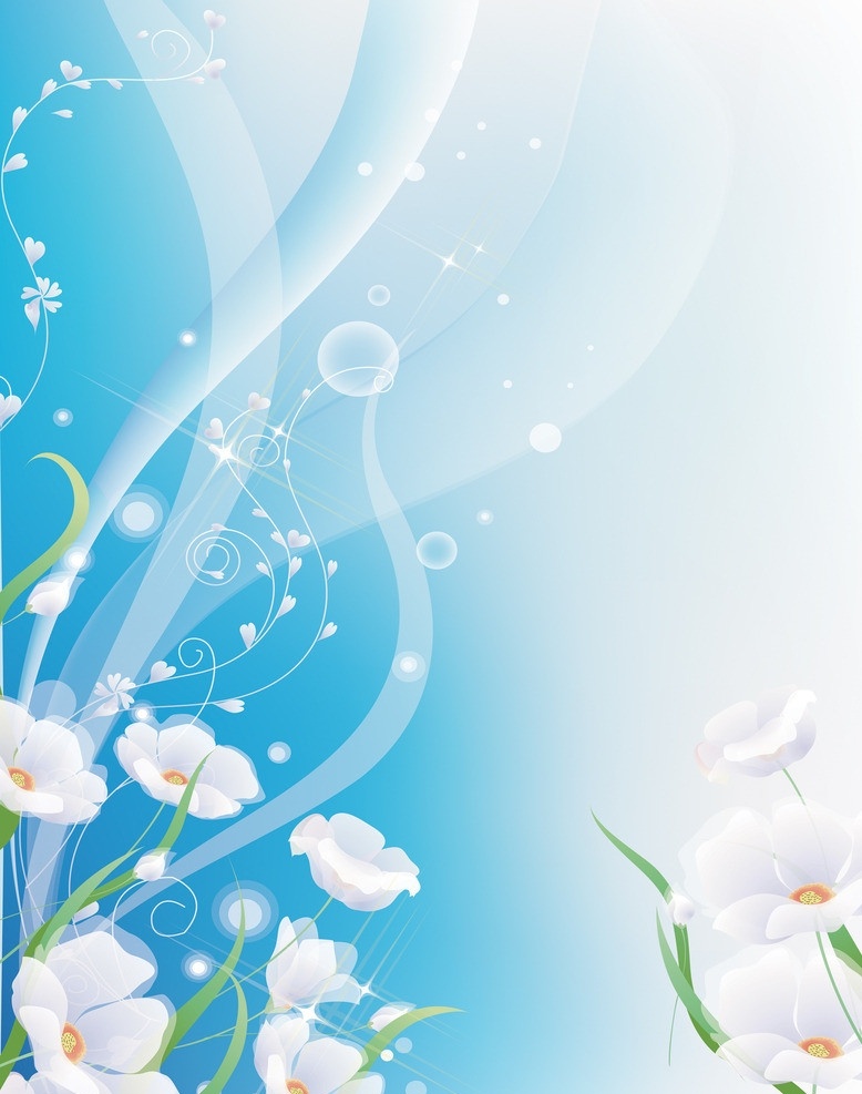 动感背景花纹 小白花 花纹 花朵 梦幻 动感 线条 绿叶 泡泡 蓝色 背景底纹 移门图案 底纹边框